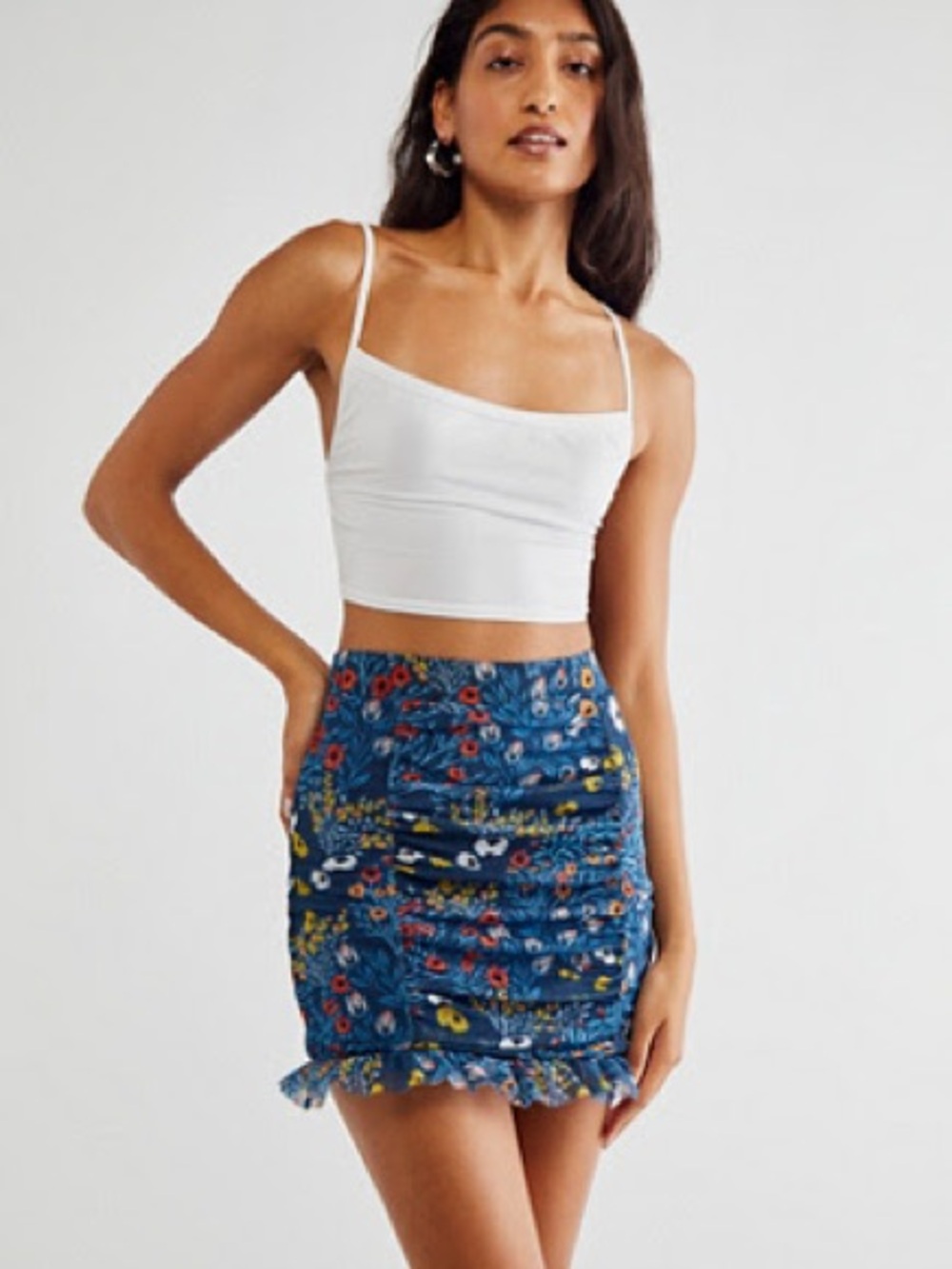 Free People Blue Floral Ruffle-Hem Mini Skirt